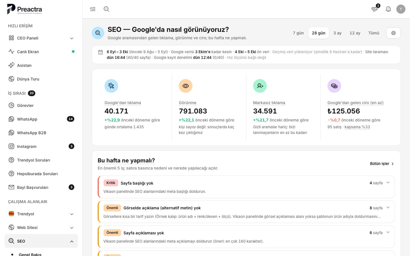 SEO ekranı: Google tıklaması, görünme, markasız tıklama, Google'dan gelen ciro ve bu hafta yapılacaklar