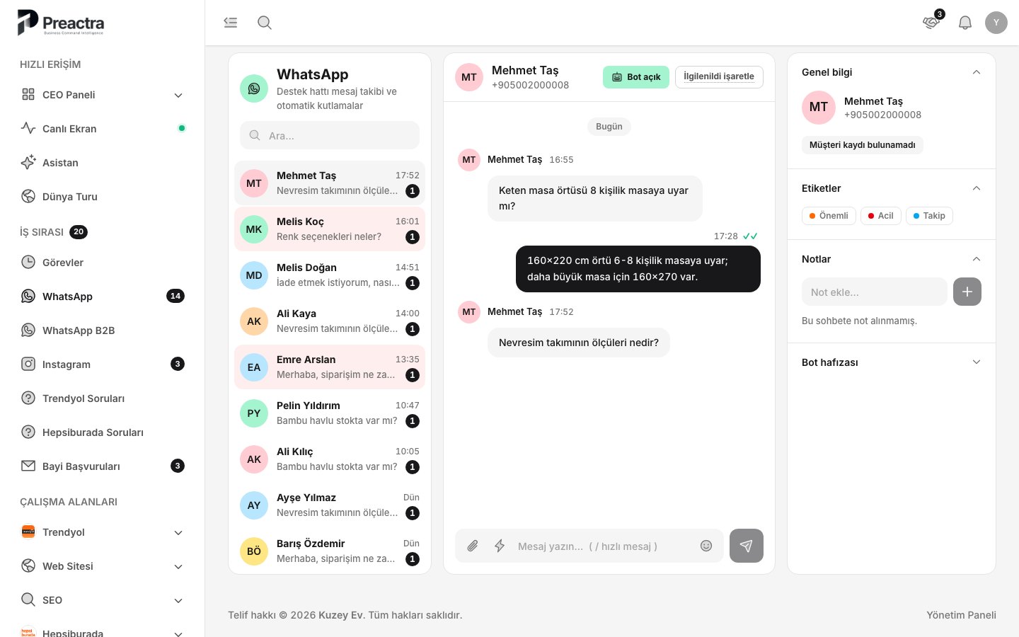 Destek kuyruğu: WhatsApp konuşmaları, bekleyen cevaplar ve müşteri bilgisi